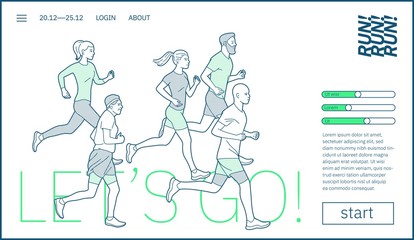 Young athletics sportswomen is running. Sport jogging tournament, activity, healthy lifestyle, summer competition. Cartoon Line Art Vector Illustration, modern stile banner, infographics.