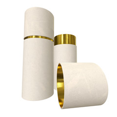 Kraft paper cardboard tube package with gold part mock up. 3d render isolated on white background.