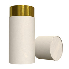 Kraft paper cardboard tube package with gold part mock up. 3d render isolated on white background.