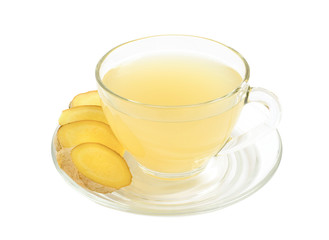 Ginger tea and sliced ginger root isolated on white background.