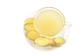 Ginger tea and sliced ginger root isolated on white background,top view,copy space.