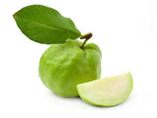 Guava and sliced guava (tropical fruit) isolated on white background.