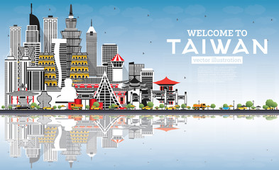 Welcome to Taiwan City Skyline with Gray Buildings, Blue Sky and Reflections.