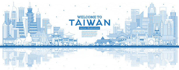 Obraz premium Outline Welcome to Taiwan City Skyline with Blue Buildings and Reflections.