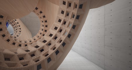 Obraz premium Abstract architectural background interior made of wood, concrete and glass. 3D illustration and rendering.