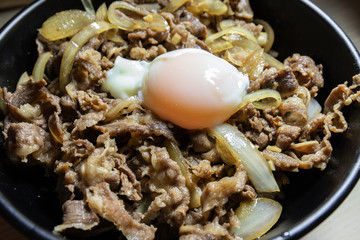 Close-up view of gyudon, stewed beef bowl with soft boiled egg.