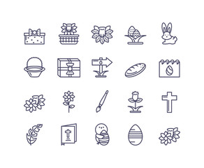 cute bunny and happy easter icons set, line style design