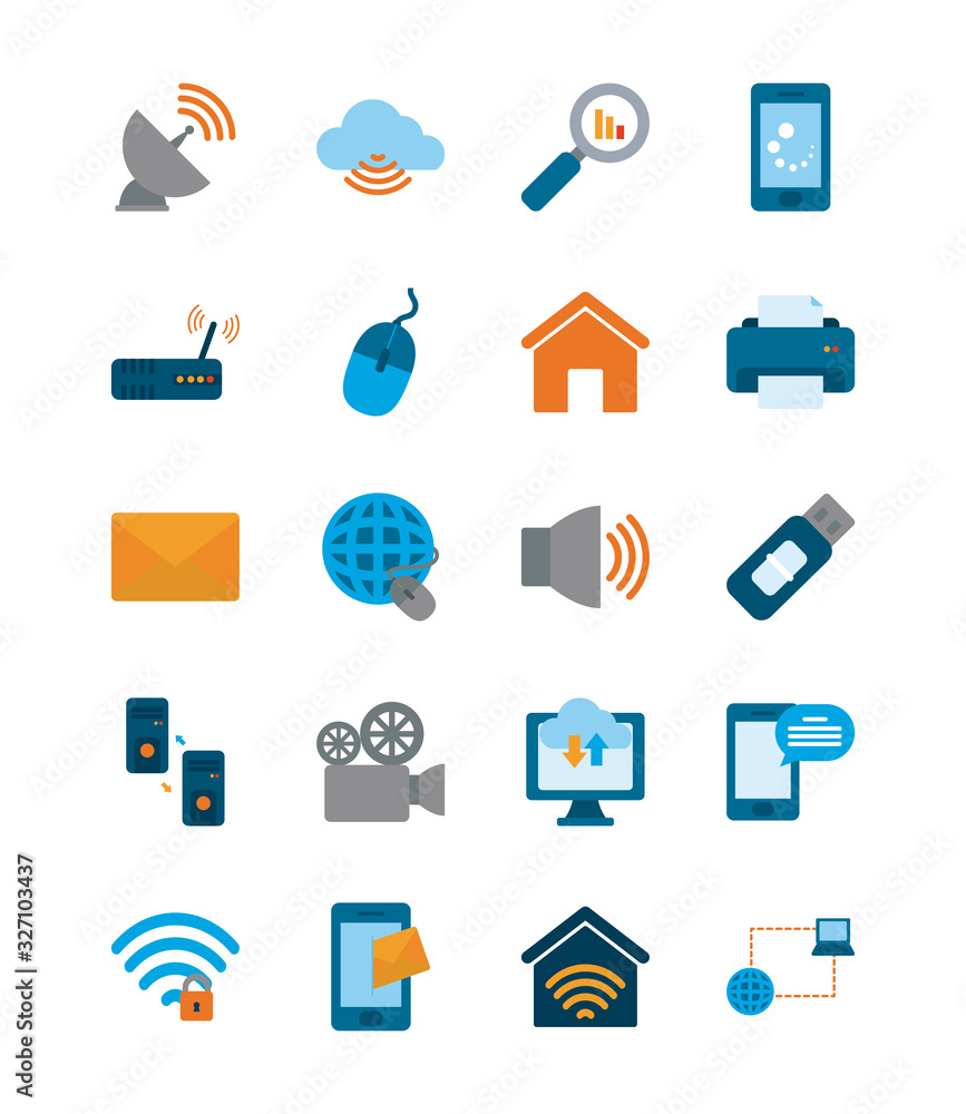 Poster technology and internet flat style icon set vector design