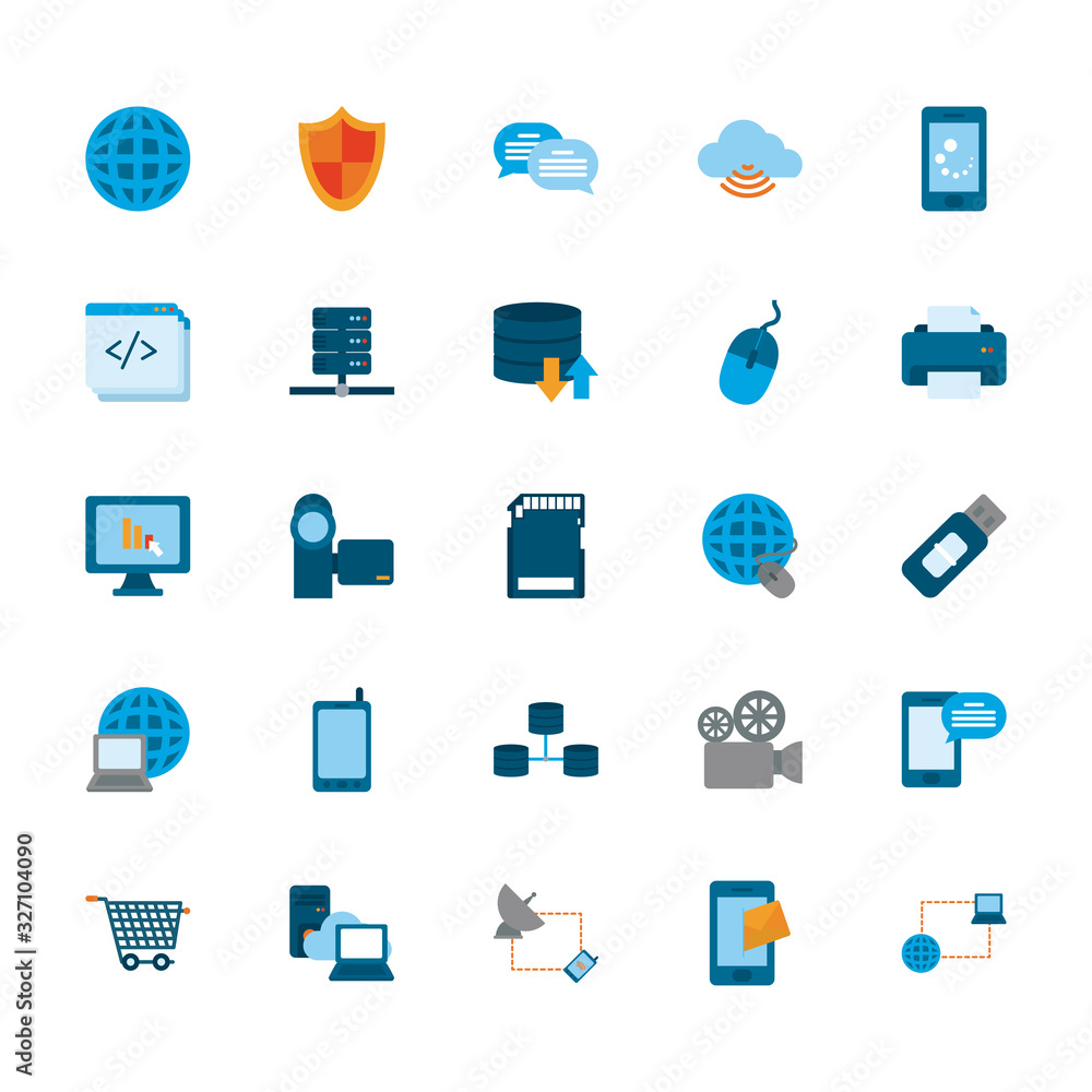 Poster technology and internet flat style icon set vector design