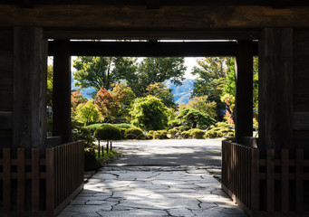 Wooden gate of historic Takashima castle in Suwa - Nagano prefecture, Japan