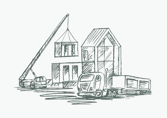 Construction site of modular house with crane and machinery. Hand drawn vector.