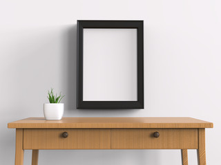 Blank frame canvas with wood table mockup