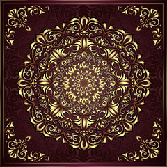 Vintage background mandala card with golden lace ornaments and art deco floral decorative elements