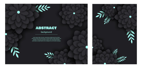 Set abstarct pattern with stylized decorative flowers, mint leaves. Color vector illustration in minimalist black color
