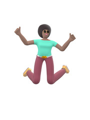 Fototapeta na wymiar Young cheerful African girl dancing and jumping with arms raised up. Positive character in casual colored clothes. Funny, happy cartoon man, student, teenager minimal style. 3D rendering.