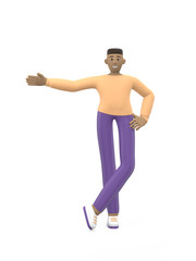 Young cheerful african guy stands arm to side. Positive character in casual colored clothes isolated on a white background. Funny, abstract cartoon man. 3D rendering.