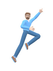 A young cheerful guy with a beard in glasses dances, jumps, levitates and flies. Positive character in casual colored clothes. Funny, abstract cartoon people. 3D rendering.