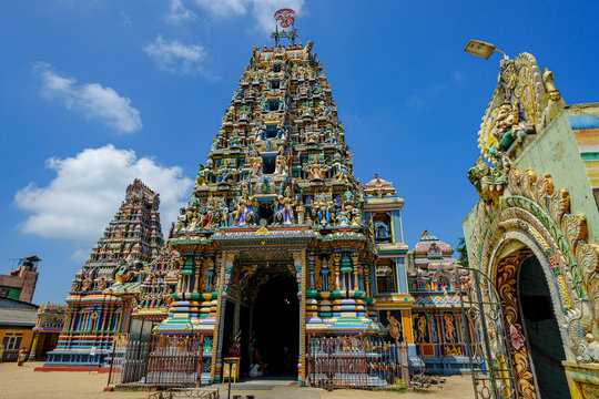 Trincomalee, Sri Lanka - February 2020: Facade of the Kali Kovil Hindu temple on February 16, 2020 in Trincomalee, Sri Lanka.