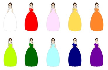 さまざまな色のベルラインのドレスを着た女性