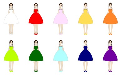 さまざまな色のミニスカートのドレスを着た女性