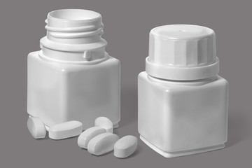 Open and closed jars with oval tablets and a lid on a gray background