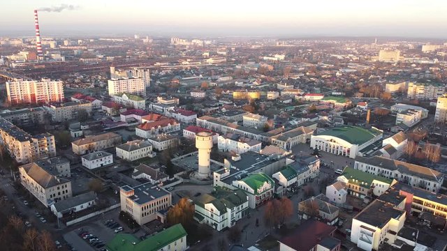 BARANOVICHI, BELARUS - JANUARY 3, 2020:   Aerial view of residential areas of Belarusian city of Baranavichy on winter morning, Brest Region