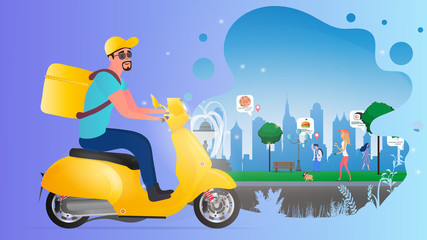 Food delivery banner. A guy riding a scooter with a box on his back. Ecological food delivery concept. A moped with delivery rides through the park. Park with people. Vector illustration