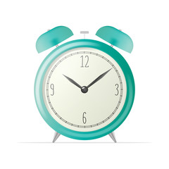 Realistic desk clock. Coral color alarm clock isolated on a white background. Retro watch. Windy illustration.
