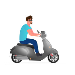 Obraz na płótnie Canvas The guy is riding a scooter. A man on a moped is isolated on a white background. Vector illustration.