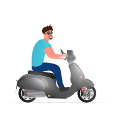 Foto op Plexiglas The guy is riding a scooter. A man on a moped is isolated on a white background. Vector illustration. © Javvani