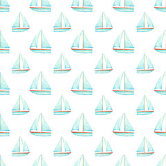 Hand drawn blue watercolor sailboat seamless pattern on white background for your design. Sailing ship endless print. Nautical wallpaper.