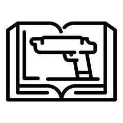 Book and gun icon. Outline book and gun vector icon for web design isolated on white background