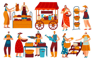 People on marketplace, buying and selling healthy local food, vector illustration. Men and women on market, baker selling bread, people buying seafood and cheese. Isolated cartoon character flat style