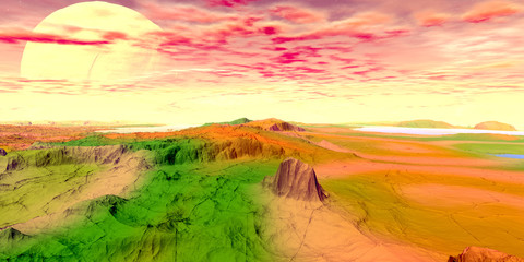 Alien Planet. Mountain and lake. 3D rendering