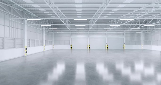 Roller door or roller shutter inside factory, warehouse or industrial building. Modern interior design with polished concrete floor and empty space for product display, industry background. 3d render.