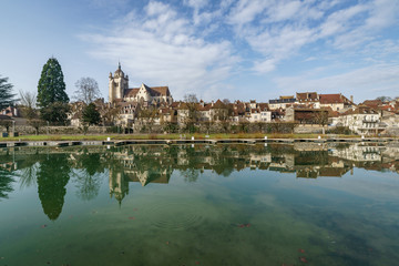 Ancient French classic medieval town with river in front, Dole, Burgundy, France - obrazy, fototapety, plakaty