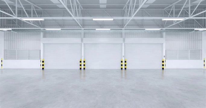 3d rendering of empty warehouse building and concrete floor and shutter door move zoom in for industrial background.