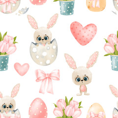Easter pattern. Easter bunny, easter eggs, watercolor tulips, pink bow isolated on white background. Watercolor print