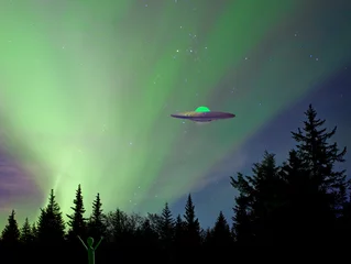 Fototapeten UFO-Raumschiff mit Aurora-Himmel und grünem Alien auf dem Boden © mscornelius