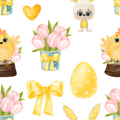 cute easter bunny, chicken, easter eggs on a white background. watercolor pattern.