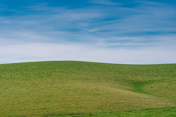 Blue sky and green grass hill landscape photo background.