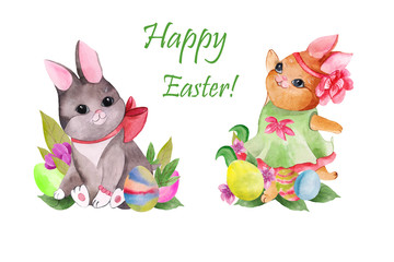 set of two cute rabbits girls in a dance and a rabbit boy with a red bow in around painted Easter eggs and spring greens and flowers.hand-painted with watercolors, for stickers,Easter cards and decor