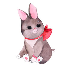 Cute gray rabbit with a red bow on his neck, chubby fluffy Easter bunny, character, isolated on white, hand-painted with watercolor, print for clothes, postcard, Children's art, holiday decor, toy