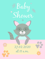 Baby cards for Baby shower. Raccoon. Postcard or party templates in blue and pink with charming animals.