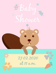 Baby cards for Baby shower. Beaver. Postcard or party templates in blue and pink with charming animals.