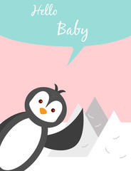 Baby cards for Baby shower. Penguin. Postcard or party templates in blue and pink with charming animals.