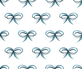 Geometric gouache hand painted seamless ribbon bow pattern in blue, white and teal