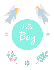 Baby cards for Baby shower. Angels. Postcard or party templates in blue and pink with charming animals.