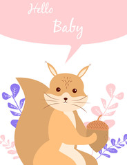 Baby cards for Baby shower. Squirrel. Postcard or party templates in blue and pink with charming animals.