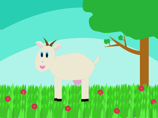White goat on the meadow with flowers. Tree and blue sky in the background. A child's drawing. Illustrations for children.